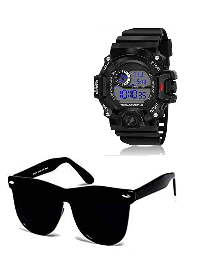 Boy's Combo Pack of Black Dial Digital Watch with Black Sunglass with baseball Cap Black
